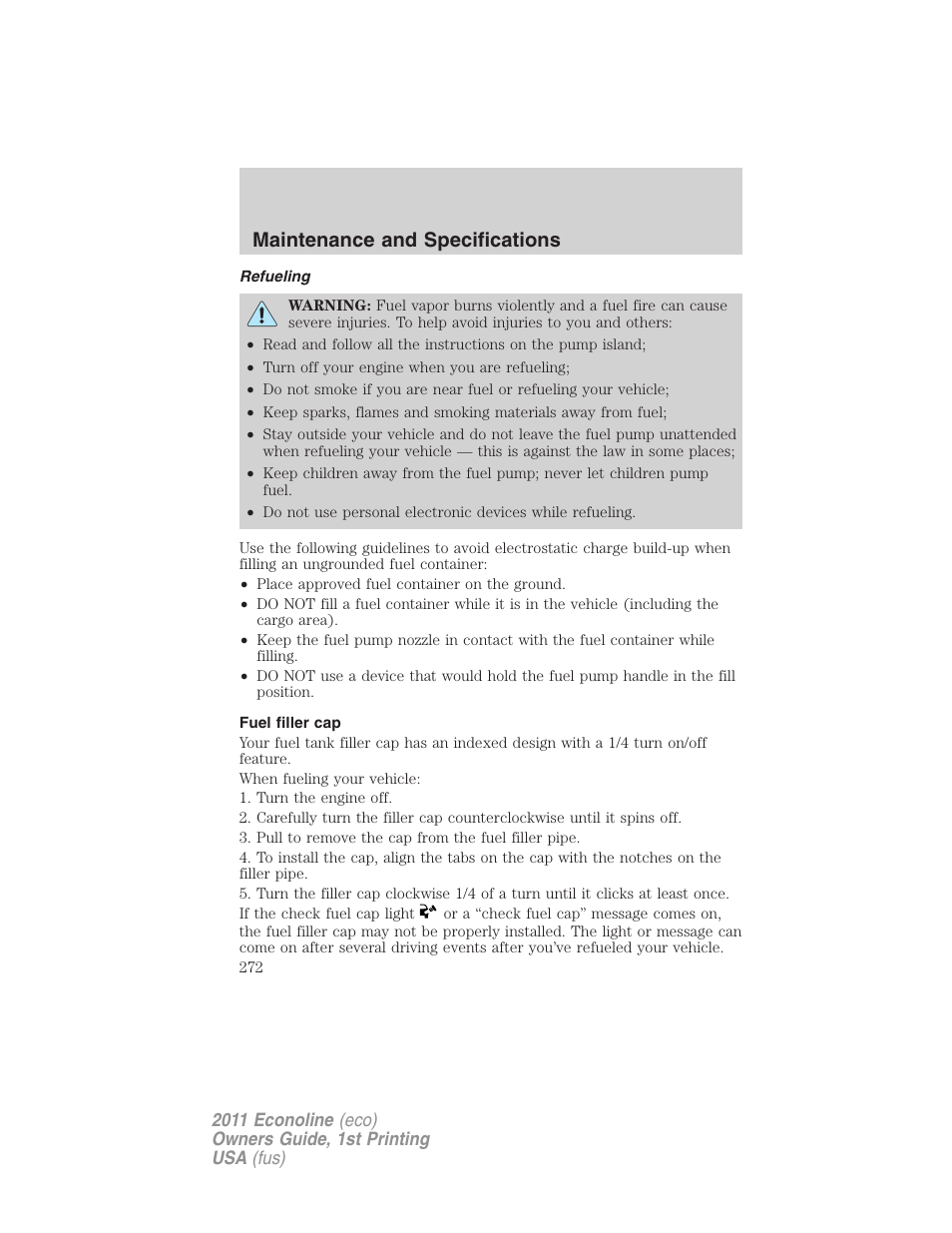 Refueling, Fuel filler cap, Maintenance and specifications | FORD 2011 E-450 v.1 User Manual | Page 272 / 337