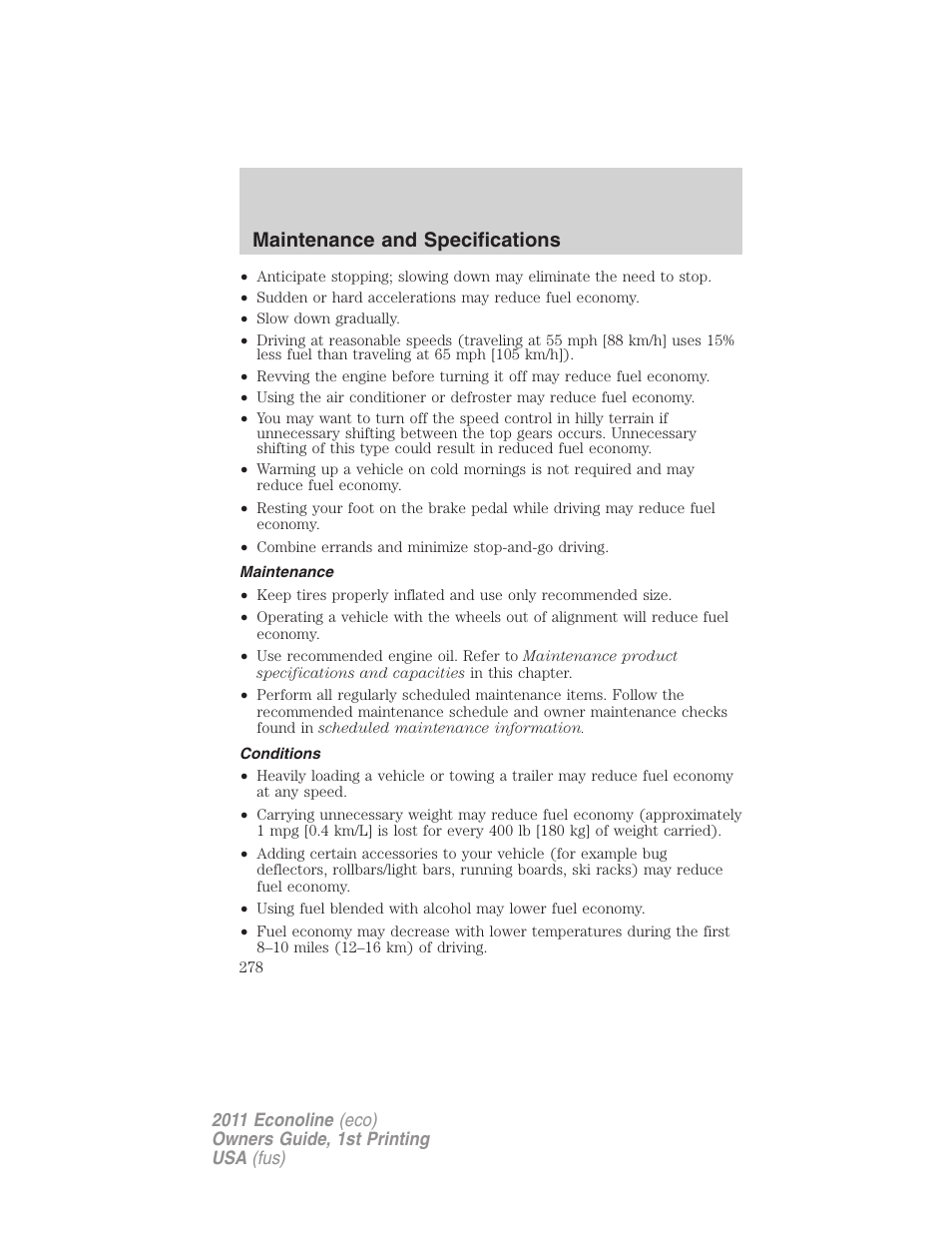 Maintenance, Conditions, Maintenance and specifications | FORD 2011 E-450 v.1 User Manual | Page 278 / 337