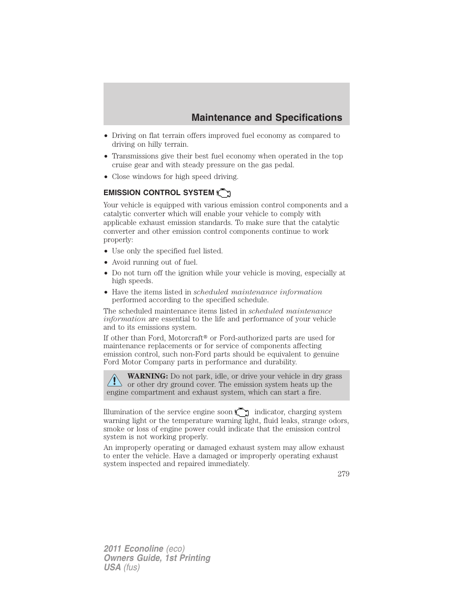 Emission control system, Maintenance and specifications | FORD 2011 E-450 v.1 User Manual | Page 279 / 337