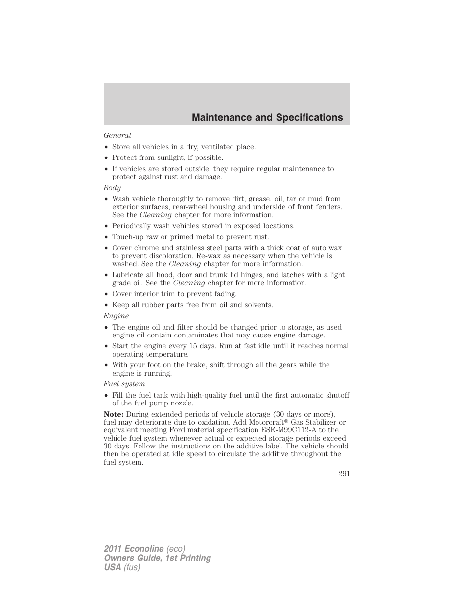 Maintenance and specifications | FORD 2011 E-450 v.1 User Manual | Page 291 / 337