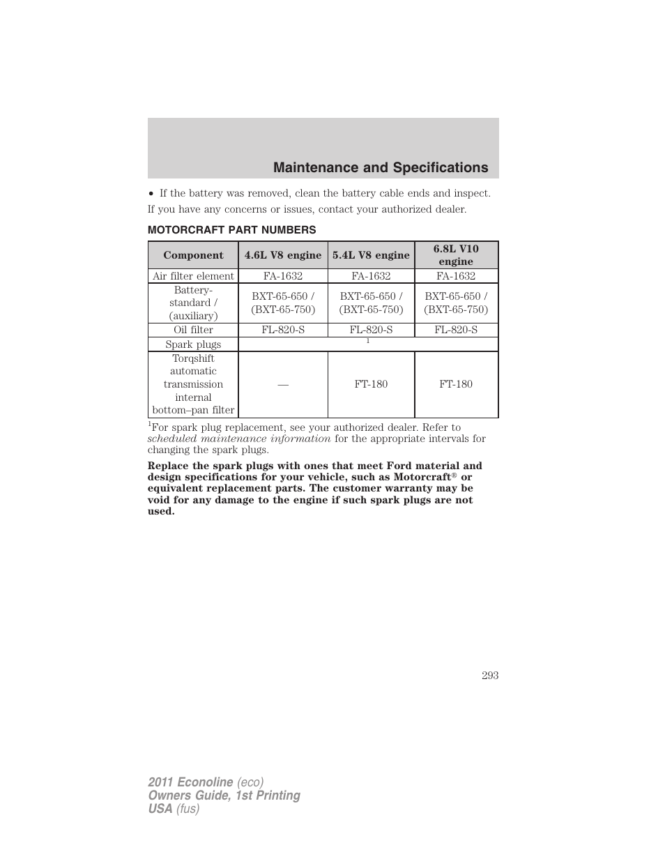 Motorcraft part numbers, Part numbers, Maintenance and specifications | FORD 2011 E-450 v.1 User Manual | Page 293 / 337