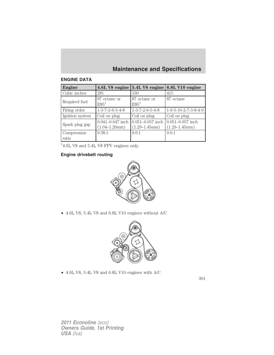 Engine data, Engine drivebelt routing, Maintenance and specifications | FORD 2011 E-450 v.1 User Manual | Page 301 / 337