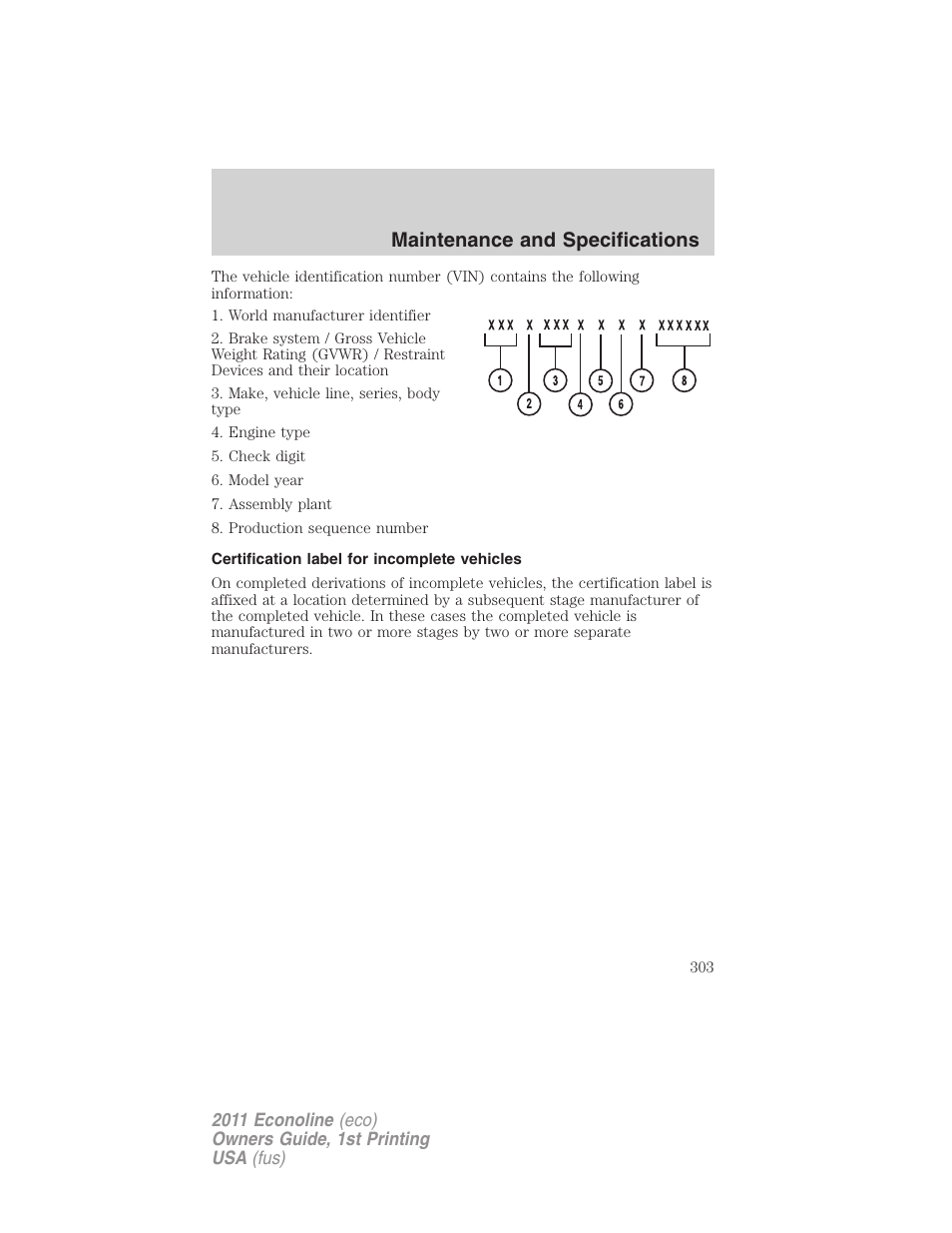 Certification label for incomplete vehicles, Maintenance and specifications | FORD 2011 E-450 v.1 User Manual | Page 303 / 337