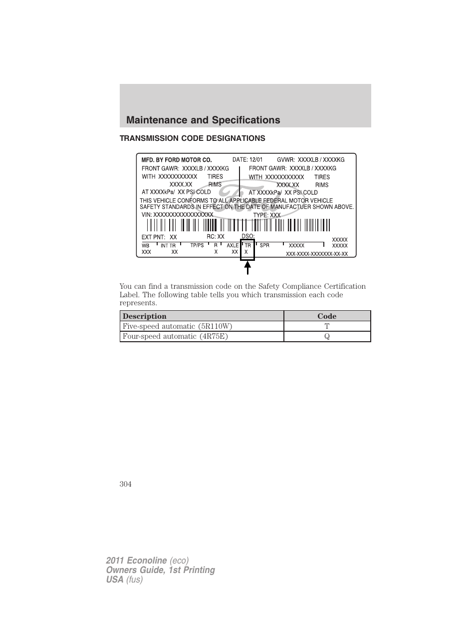 Transmission code designations, Maintenance and specifications | FORD 2011 E-450 v.1 User Manual | Page 304 / 337