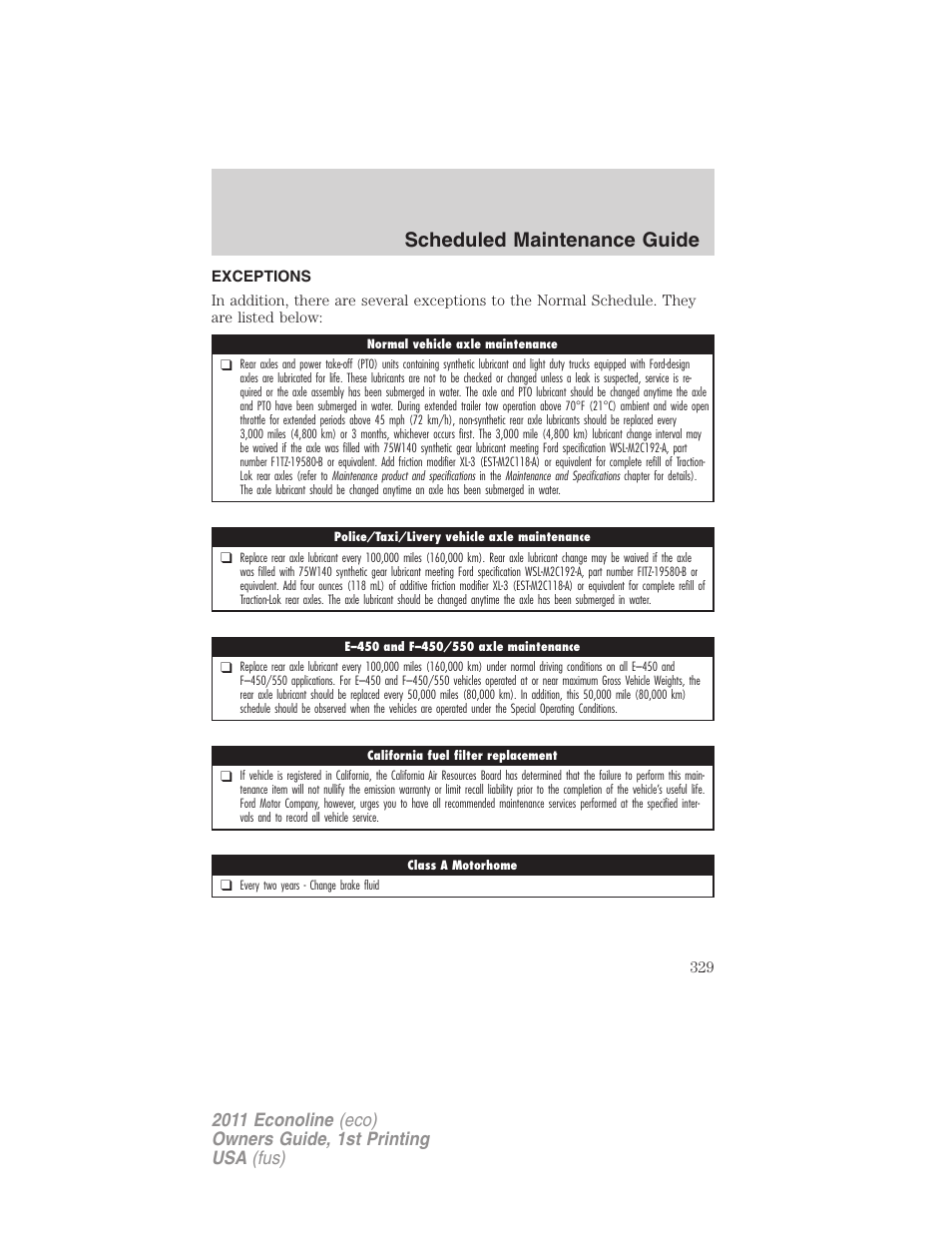 Exceptions, Scheduled maintenance guide | FORD 2011 E-450 v.1 User Manual | Page 329 / 337