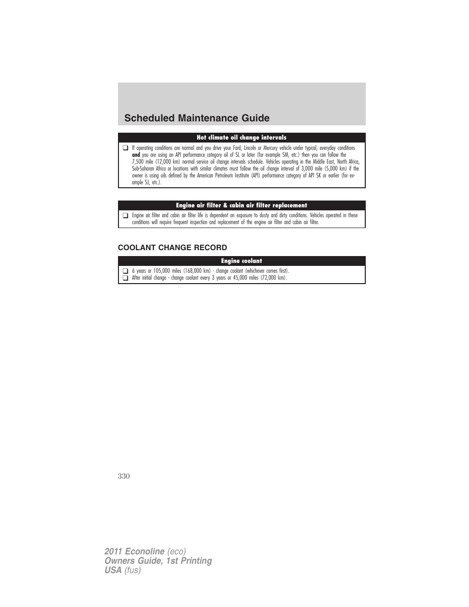 Coolant change record, Scheduled maintenance guide | FORD 2011 E-450 v.1 User Manual | Page 330 / 337