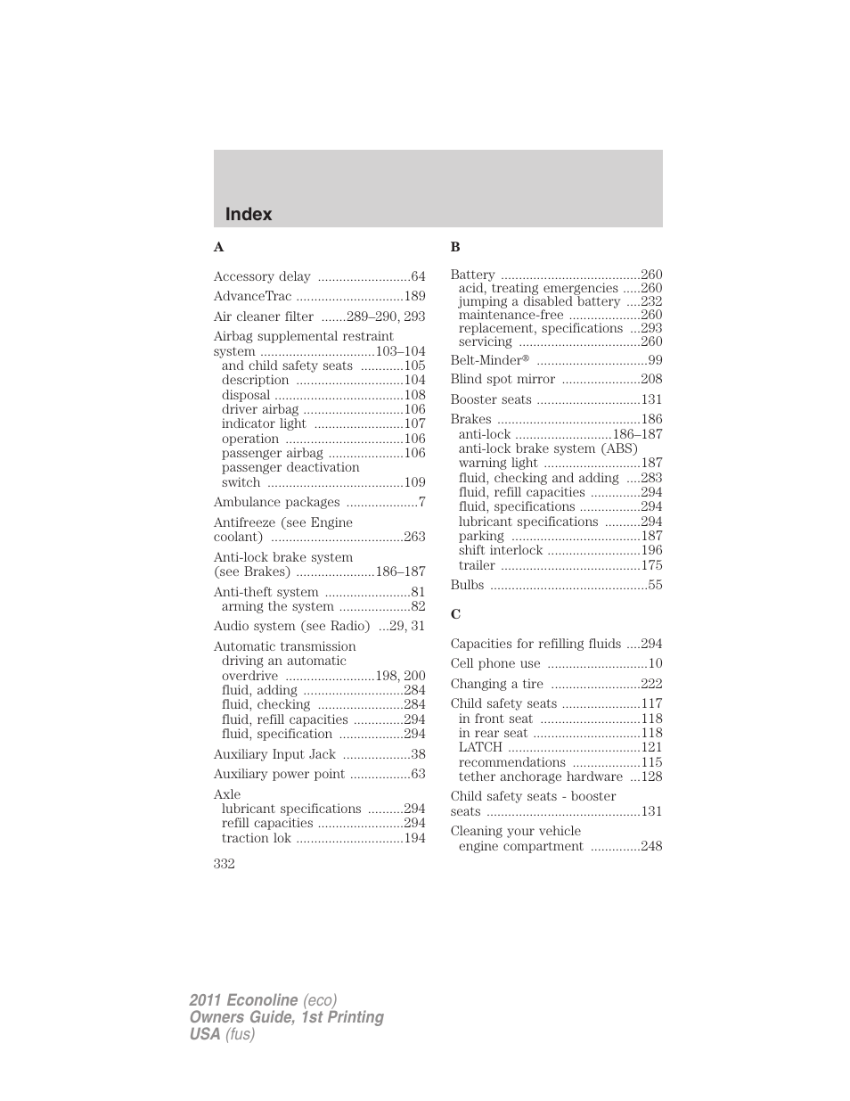 Index | FORD 2011 E-450 v.1 User Manual | Page 332 / 337