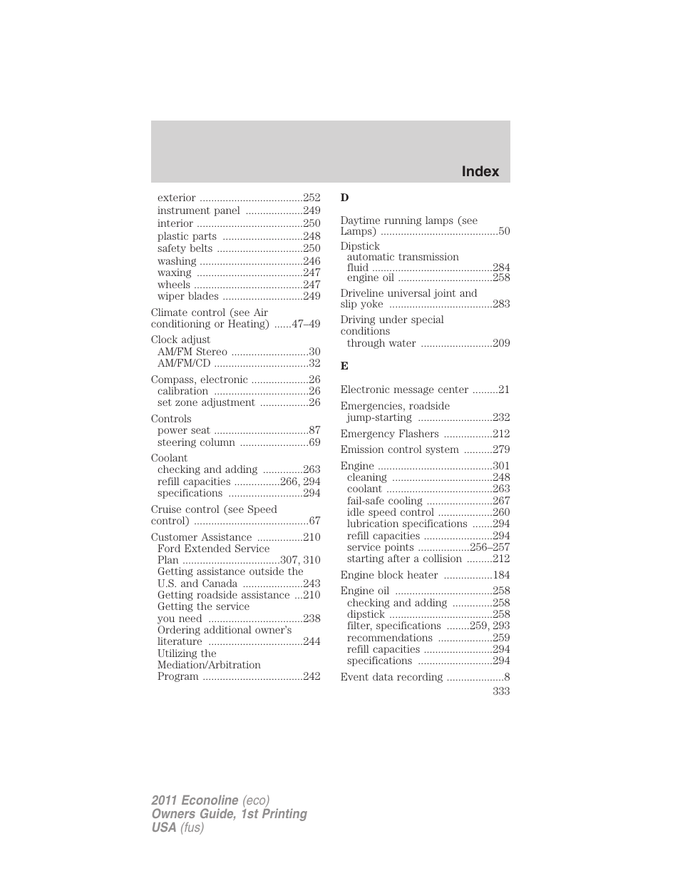 Index | FORD 2011 E-450 v.1 User Manual | Page 333 / 337