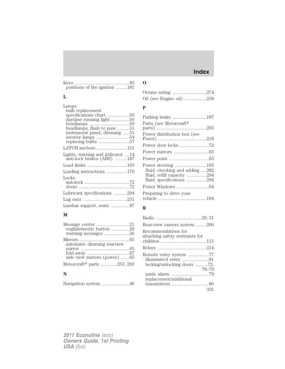 Index | FORD 2011 E-450 v.1 User Manual | Page 335 / 337