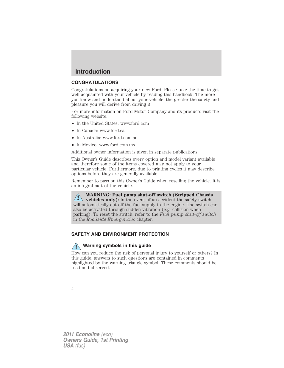 Introduction, Congratulations, Safety and environment protection | Warning symbols in this guide | FORD 2011 E-450 v.1 User Manual | Page 4 / 337