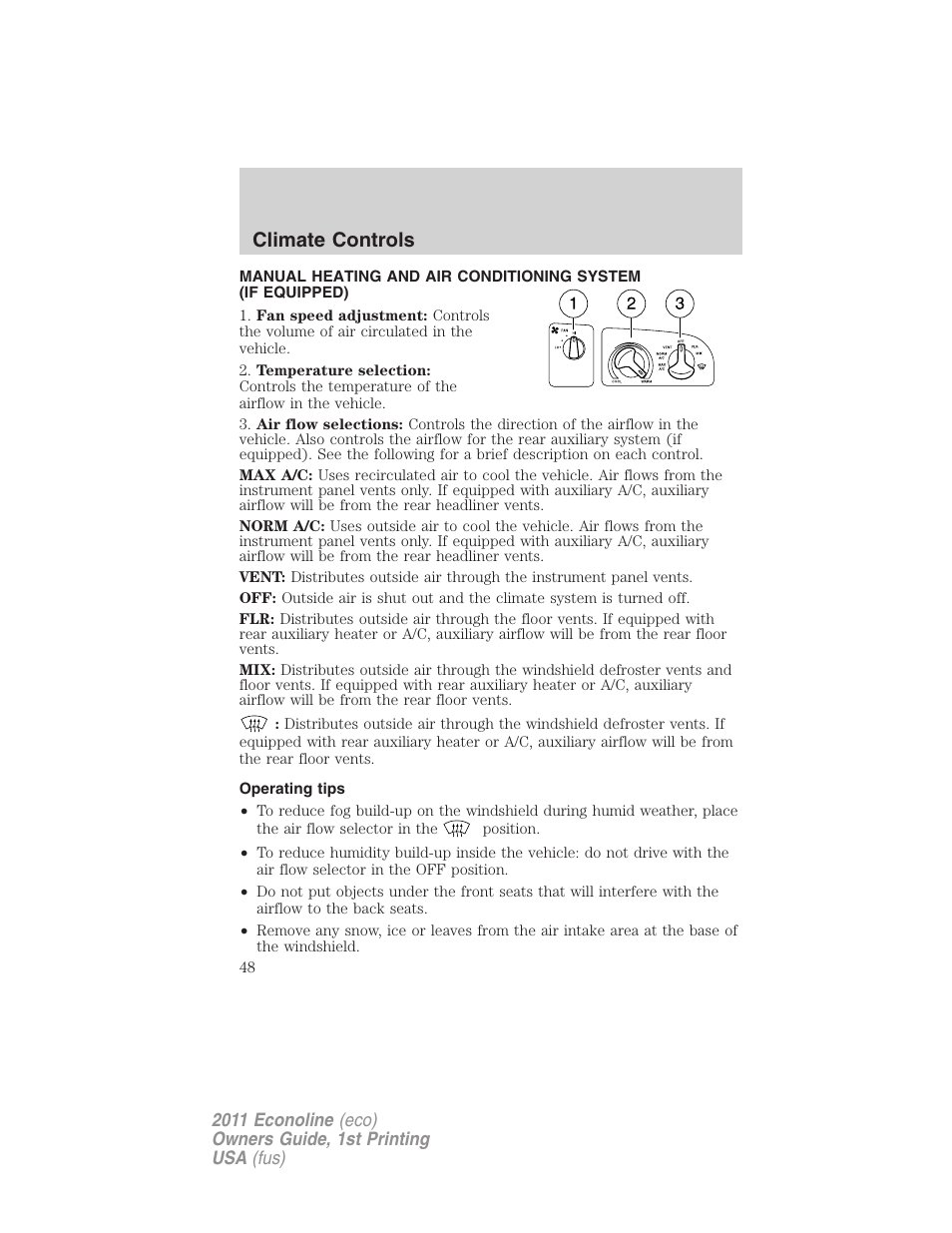 Operating tips, Manual heating and air conditioning, Climate controls | FORD 2011 E-450 v.1 User Manual | Page 48 / 337