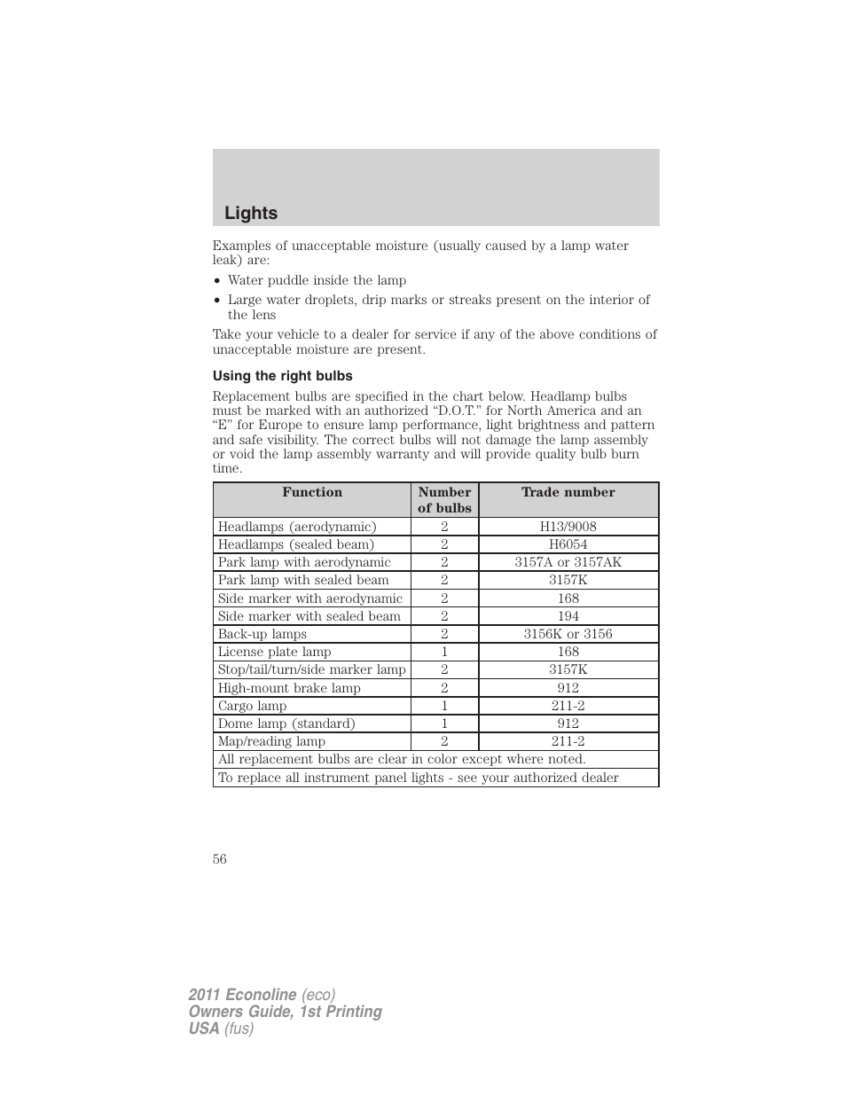 Using the right bulbs, Lights | FORD 2011 E-450 v.1 User Manual | Page 56 / 337