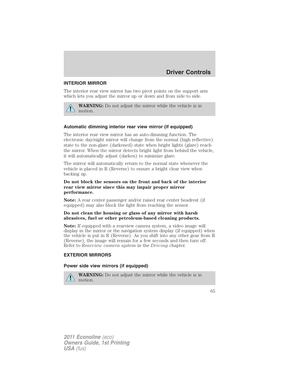 Interior mirror, Exterior mirrors, Power side view mirrors (if equipped) | Mirrors, Driver controls | FORD 2011 E-450 v.1 User Manual | Page 65 / 337