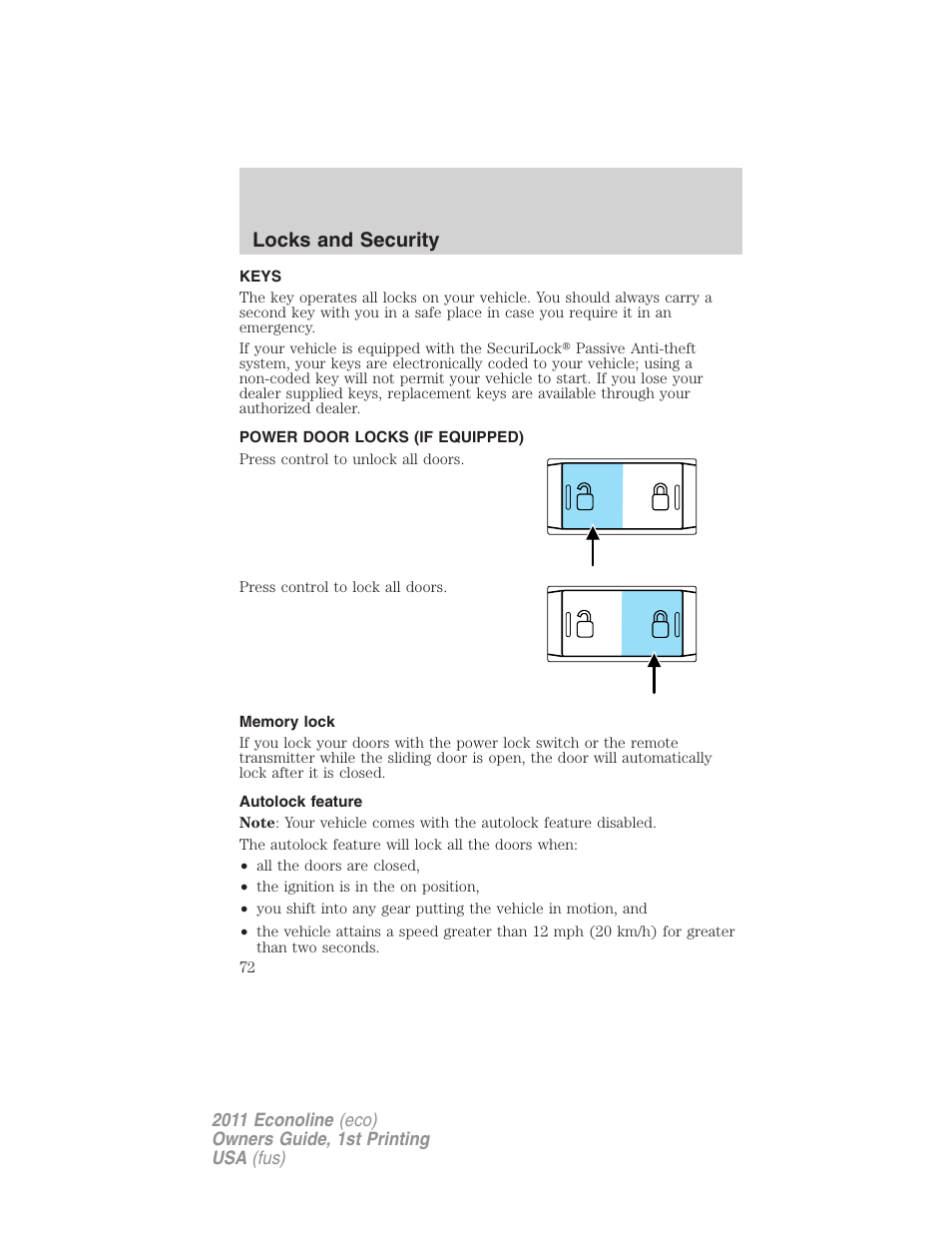 Locks and security, Keys, Power door locks (if equipped) | Memory lock, Autolock feature, Locks | FORD 2011 E-450 v.1 User Manual | Page 72 / 337