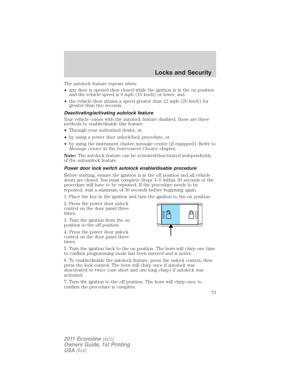 Deactivating/activating autolock feature, Locks and security | FORD 2011 E-450 v.1 User Manual | Page 73 / 337