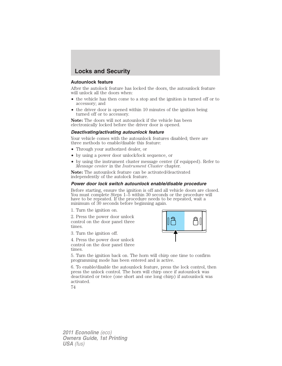 Autounlock feature, Deactivating/activating autounlock feature, Locks and security | FORD 2011 E-450 v.1 User Manual | Page 74 / 337