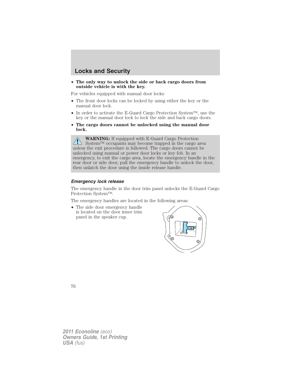 Emergency lock release, Locks and security | FORD 2011 E-450 v.1 User Manual | Page 76 / 337