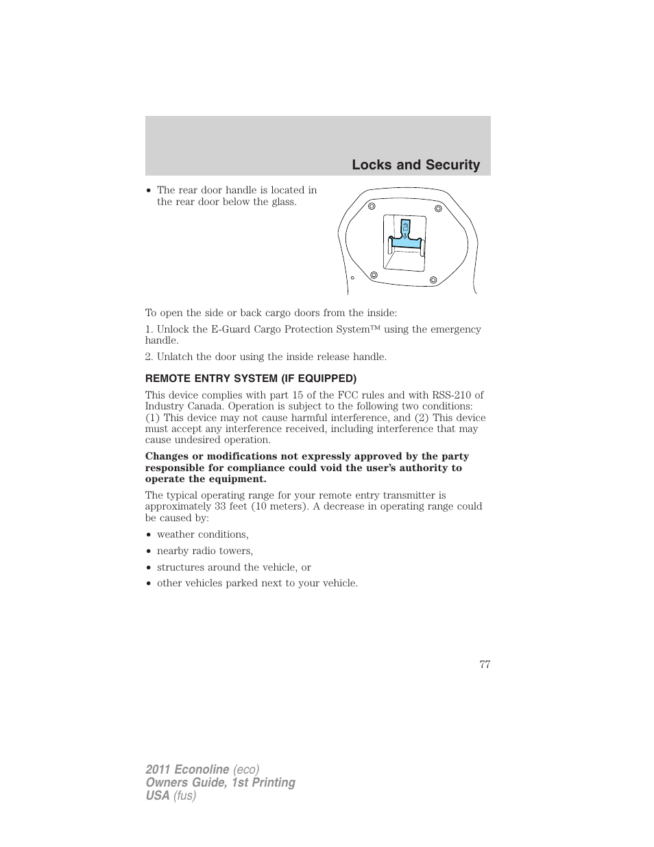 Remote entry system (if equipped), Locks and security | FORD 2011 E-450 v.1 User Manual | Page 77 / 337