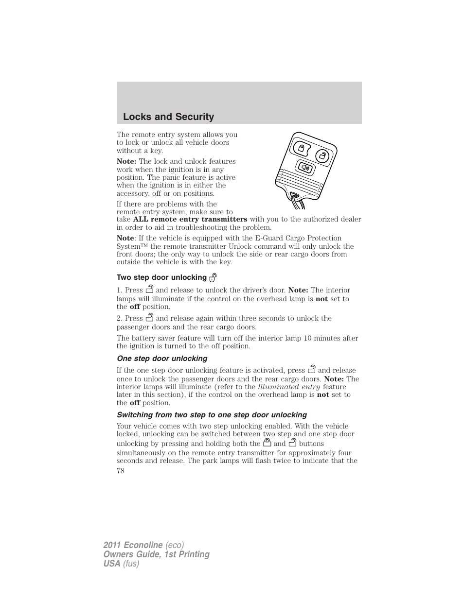 Two step door unlocking, One step door unlocking, Switching from two step to one step door unlocking | Locks and security | FORD 2011 E-450 v.1 User Manual | Page 78 / 337