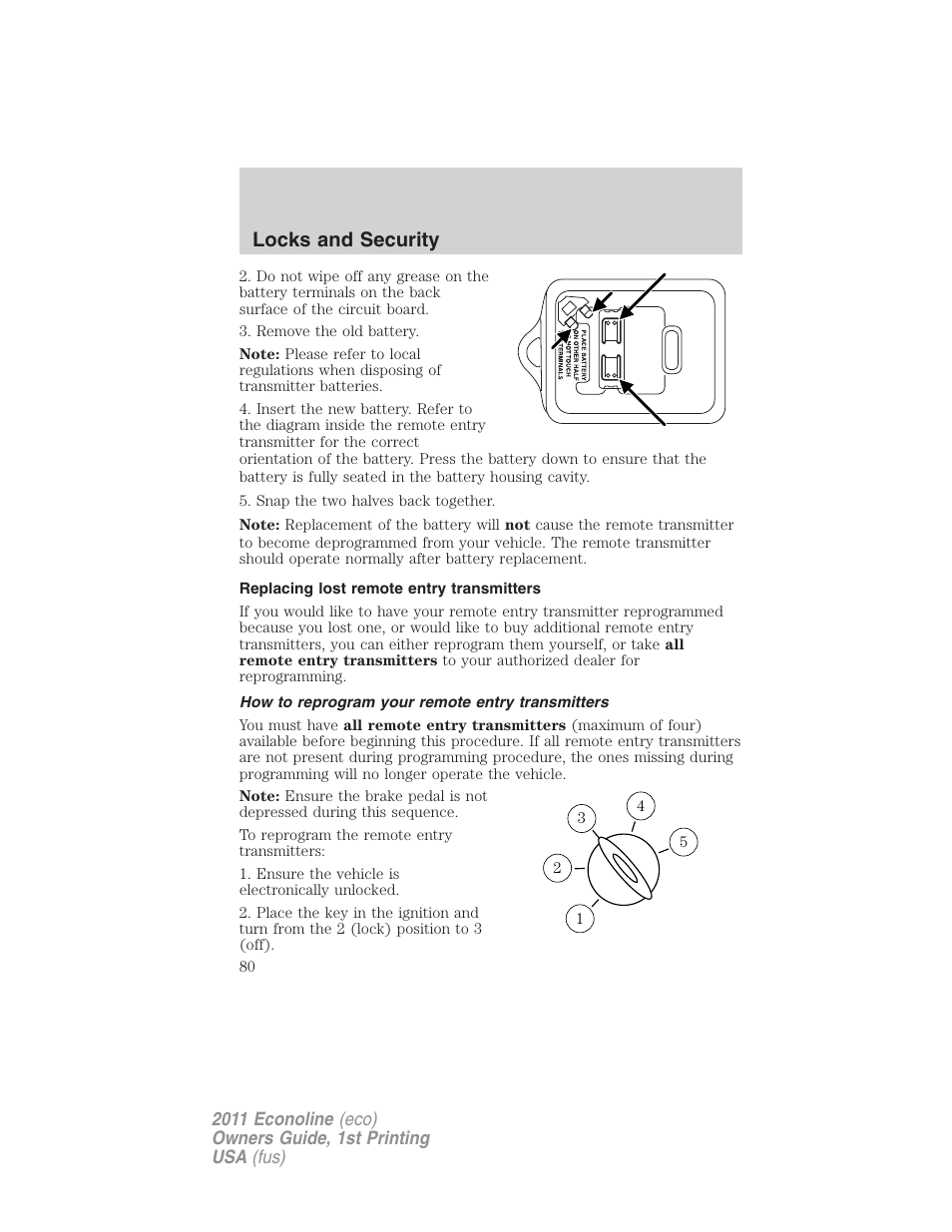 Replacing lost remote entry transmitters, How to reprogram your remote entry transmitters, Locks and security | FORD 2011 E-450 v.1 User Manual | Page 80 / 337