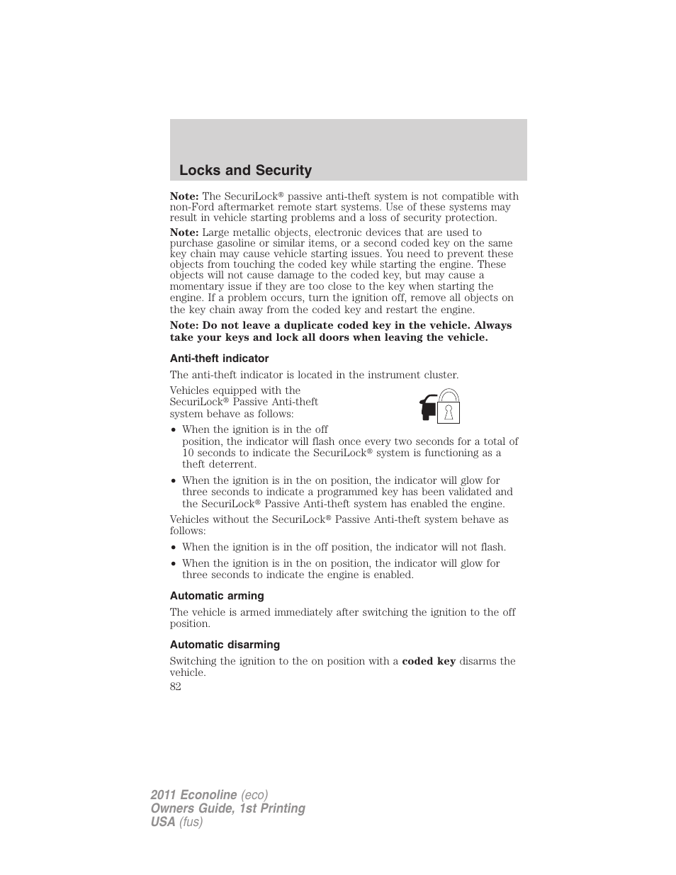 Anti-theft indicator, Automatic arming, Automatic disarming | Locks and security | FORD 2011 E-450 v.1 User Manual | Page 82 / 337