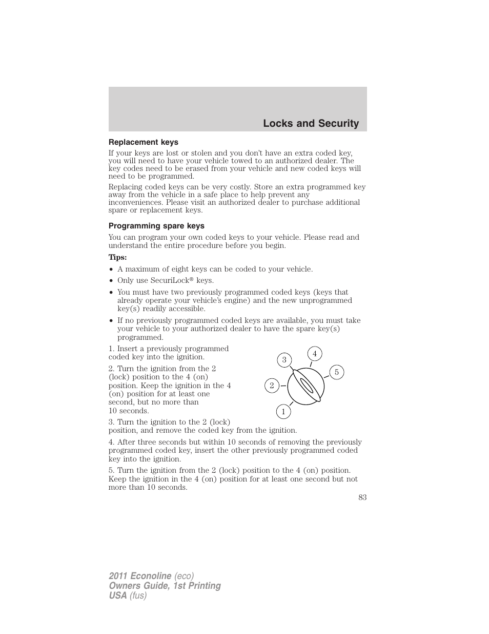 Replacement keys, Programming spare keys, Locks and security | FORD 2011 E-450 v.1 User Manual | Page 83 / 337