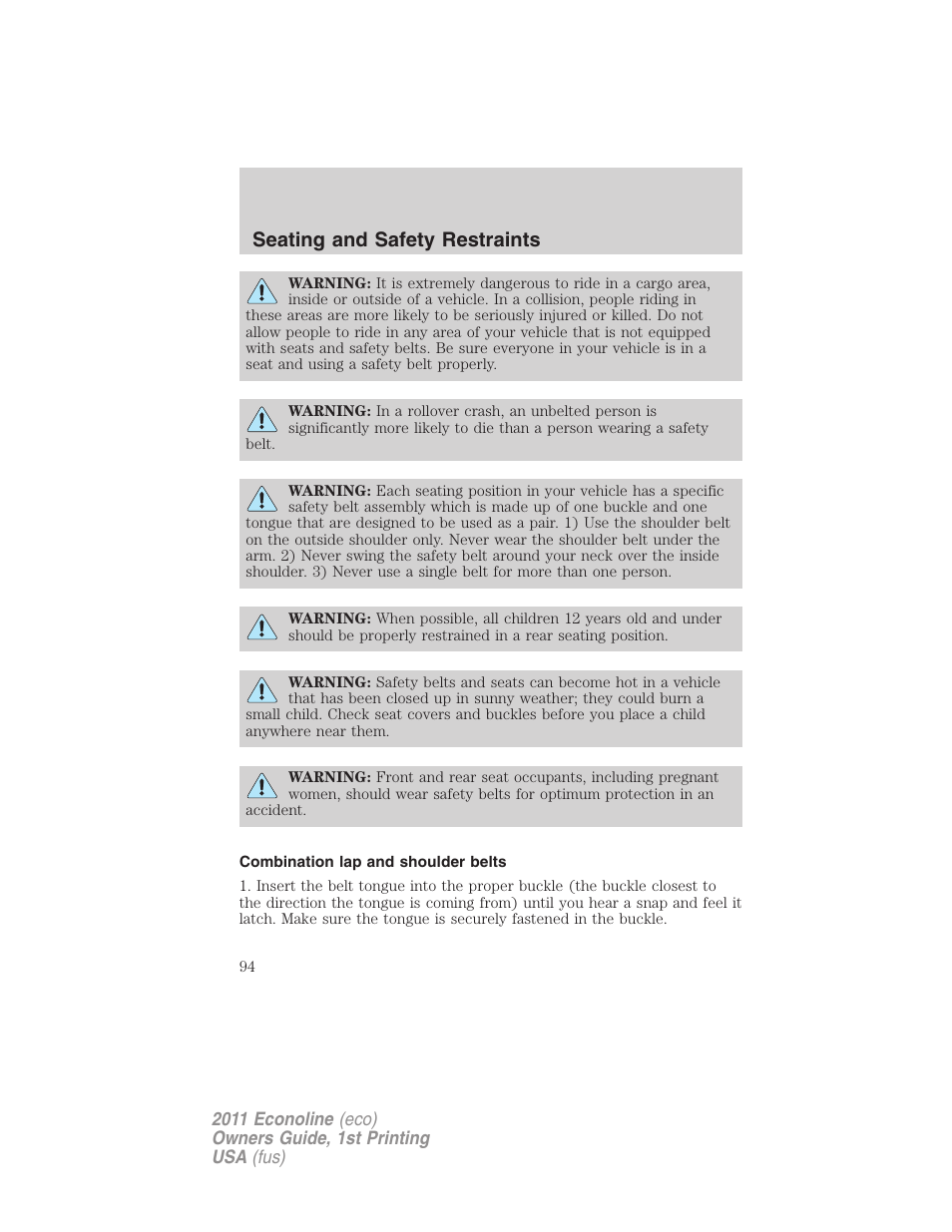 Combination lap and shoulder belts, Seating and safety restraints | FORD 2011 E-450 v.1 User Manual | Page 94 / 337