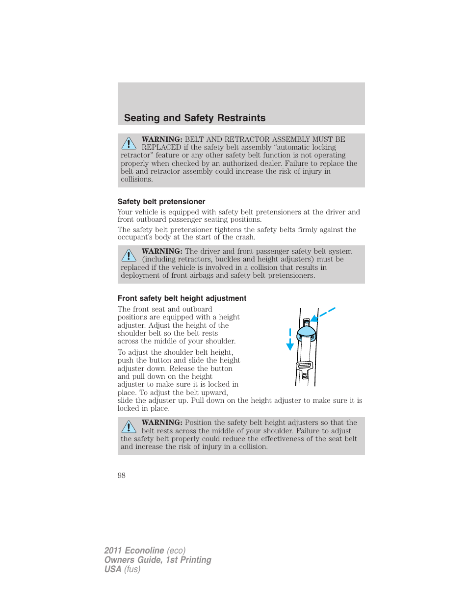 Safety belt pretensioner, Front safety belt height adjustment, Seating and safety restraints | FORD 2011 E-450 v.1 User Manual | Page 98 / 337