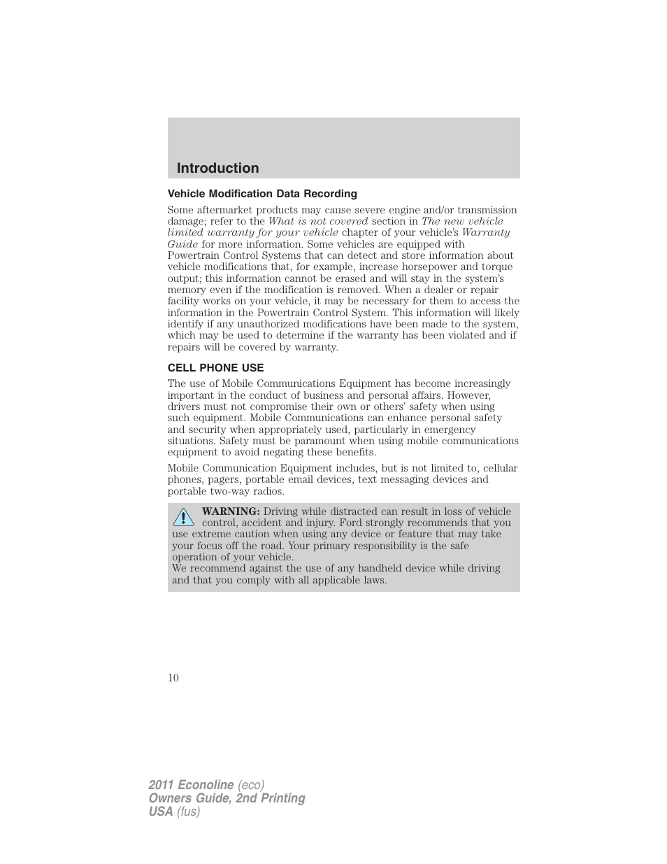 Vehicle modification data recording, Cell phone use, Introduction | FORD 2011 E-450 v.2 User Manual | Page 10 / 334