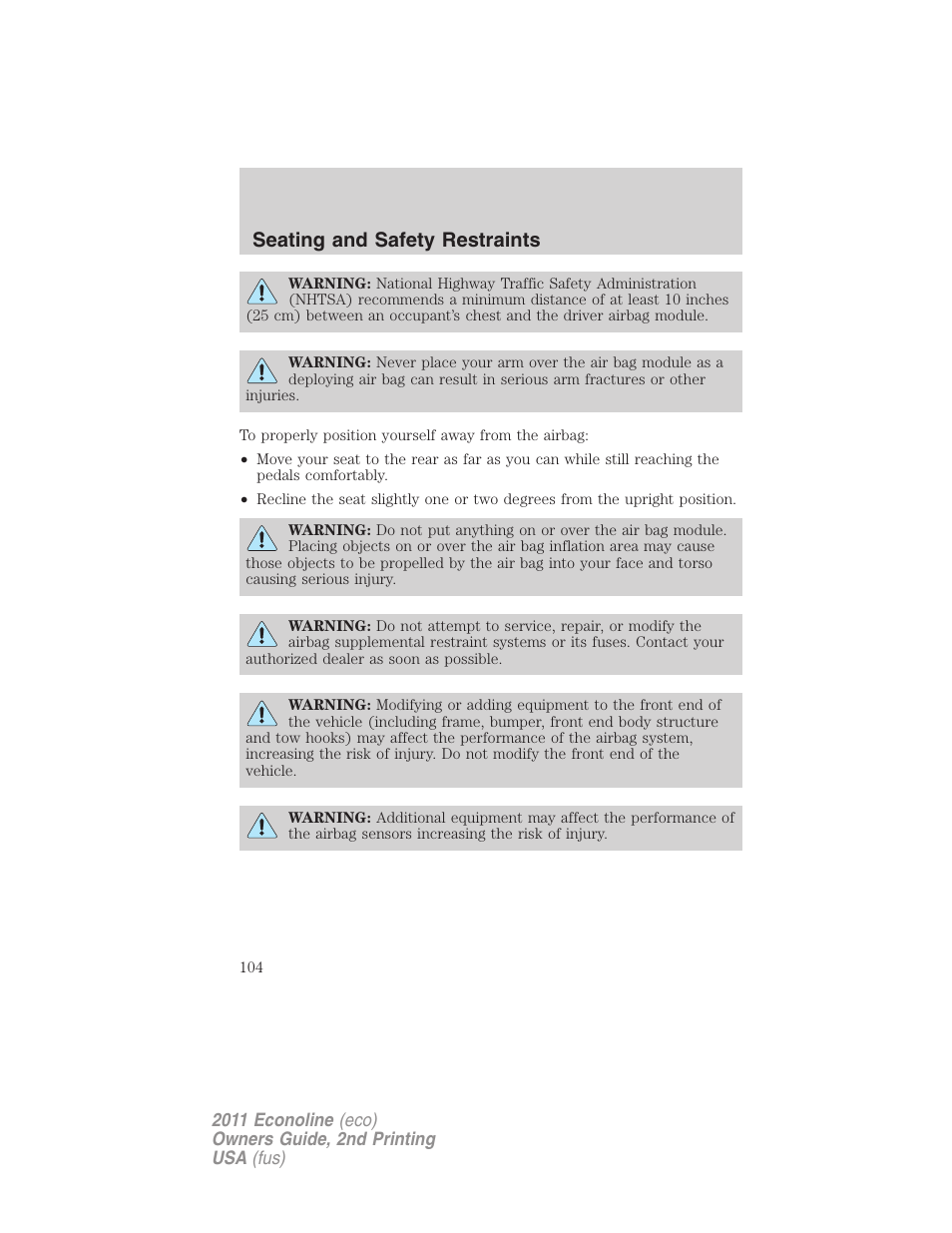 Seating and safety restraints | FORD 2011 E-450 v.2 User Manual | Page 104 / 334