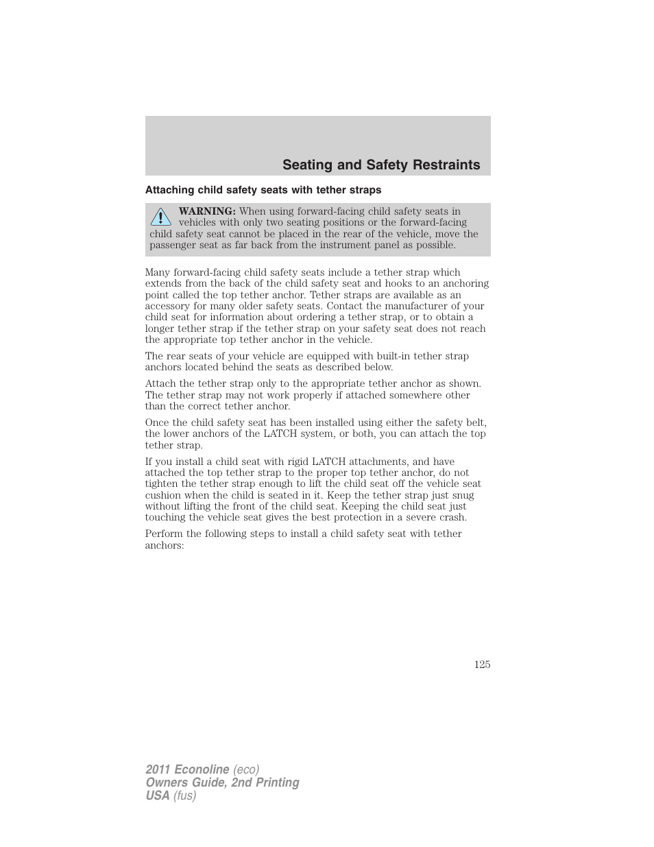 Attaching child safety seats with tether straps, Seating and safety restraints | FORD 2011 E-450 v.2 User Manual | Page 125 / 334