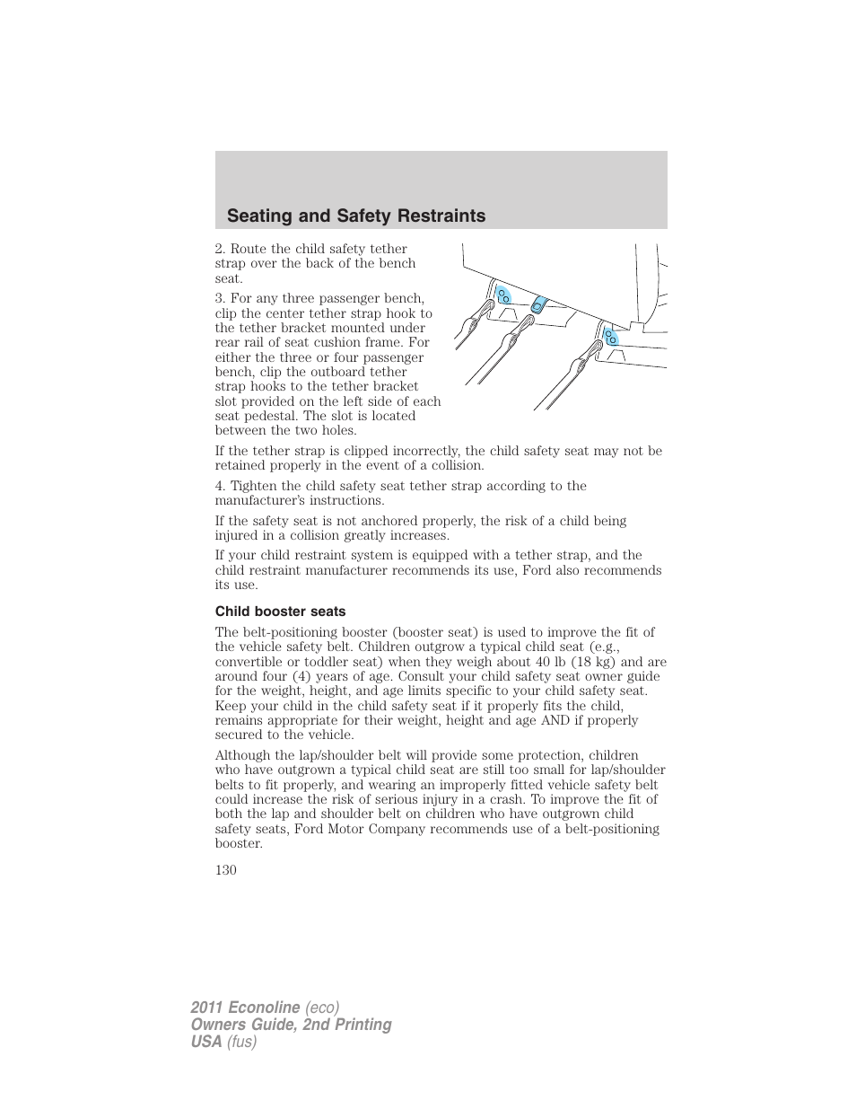 Child booster seats, Seating and safety restraints | FORD 2011 E-450 v.2 User Manual | Page 130 / 334