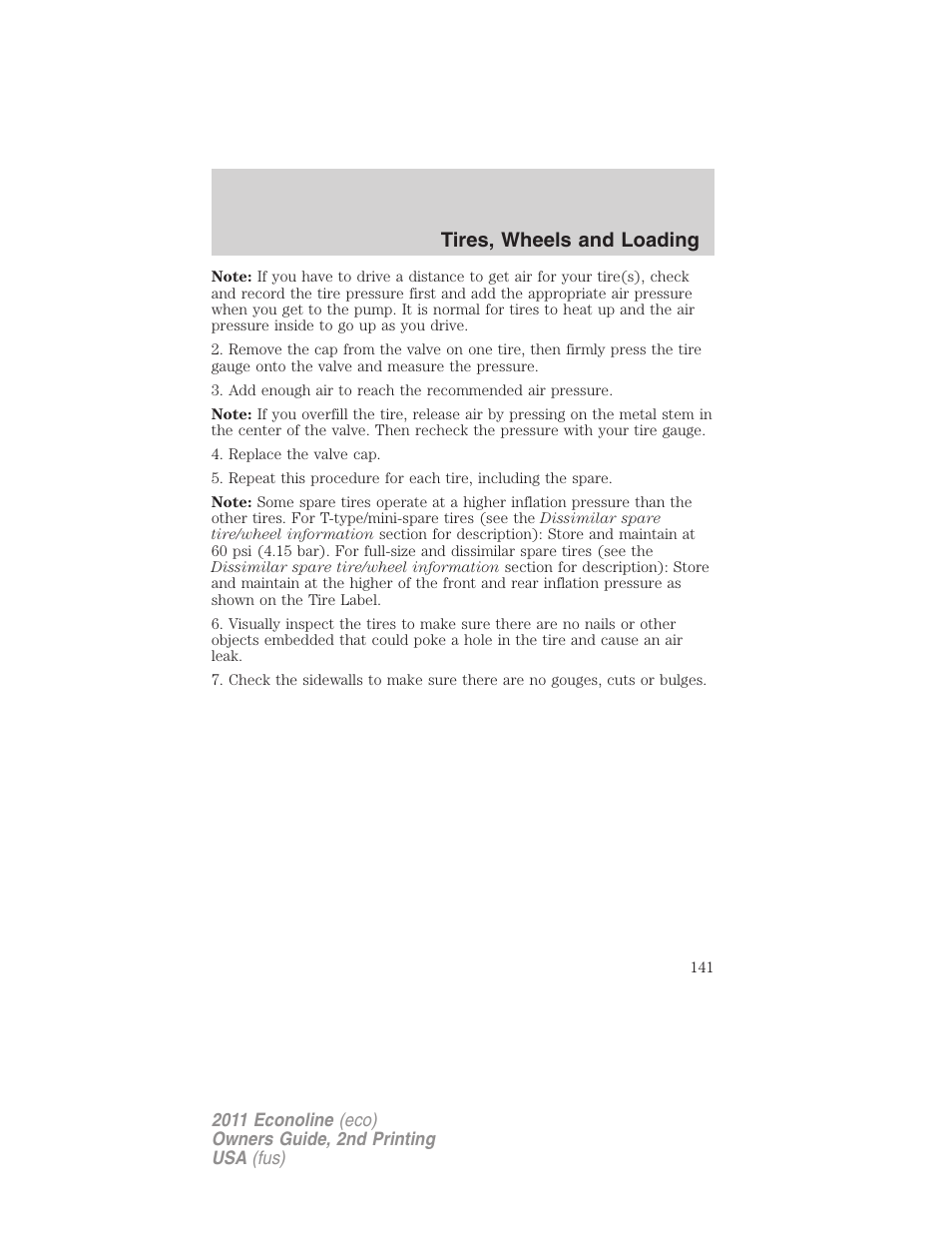 Tires, wheels and loading | FORD 2011 E-450 v.2 User Manual | Page 141 / 334