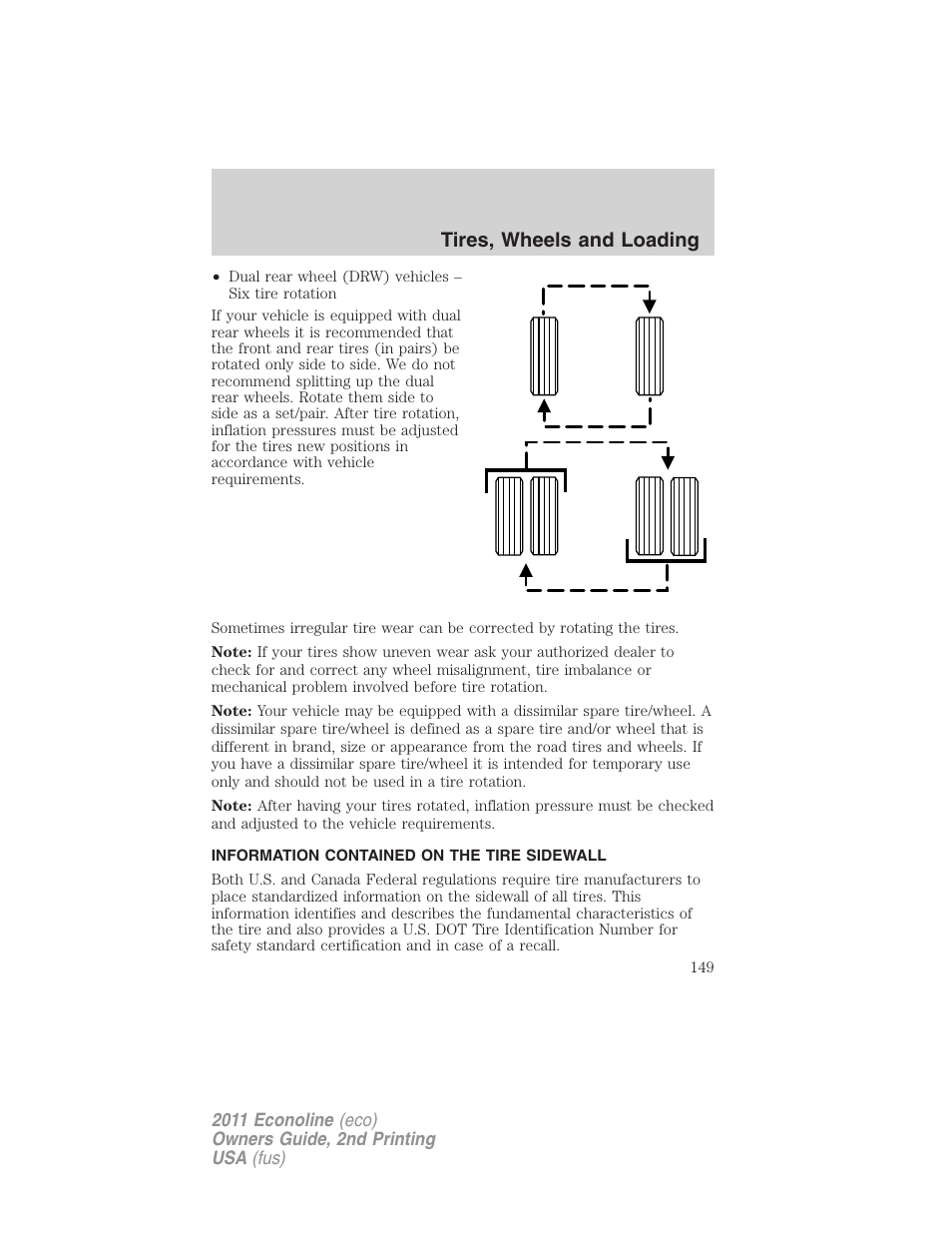 Information contained on the tire sidewall, Tires, wheels and loading | FORD 2011 E-450 v.2 User Manual | Page 149 / 334