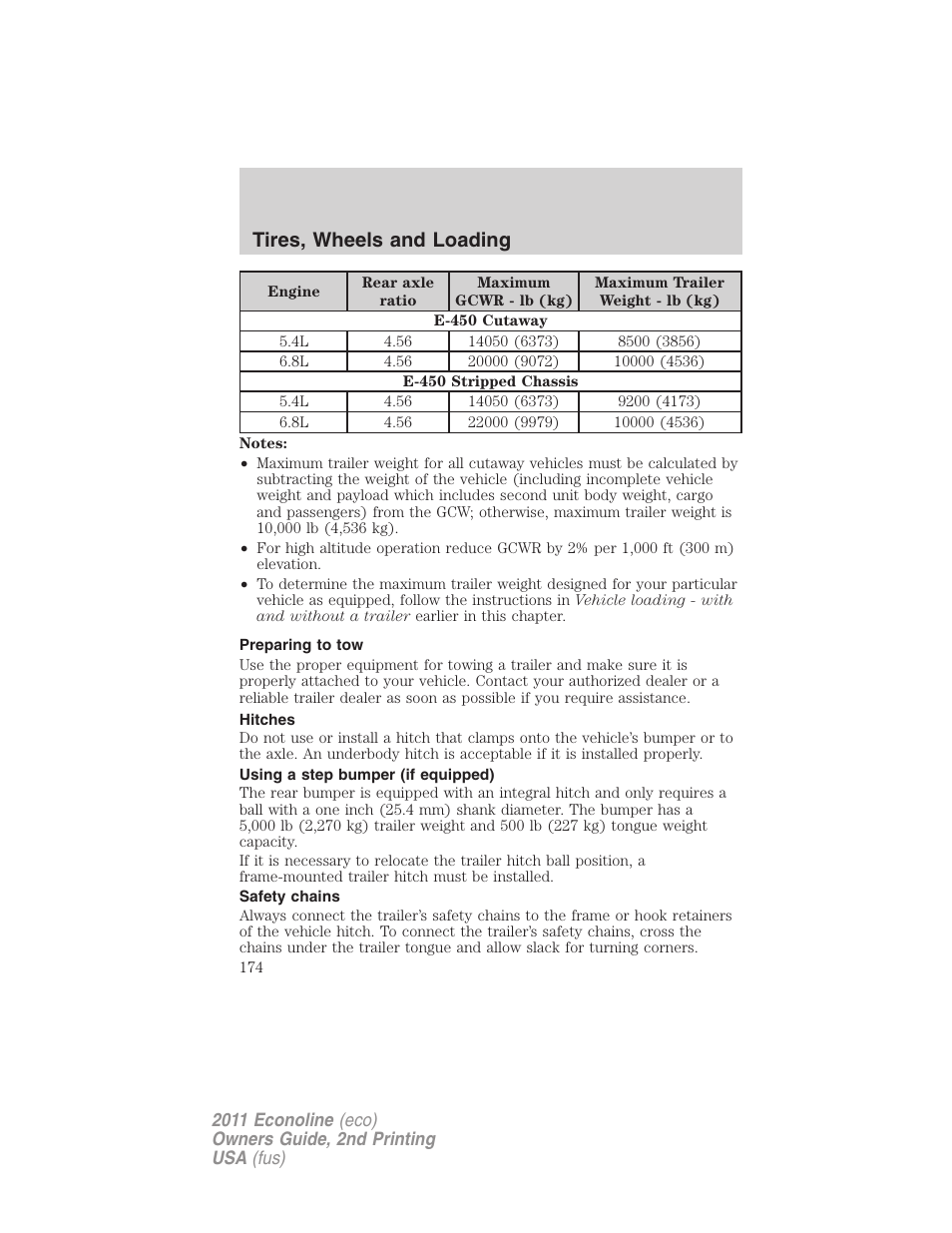 Preparing to tow, Hitches, Using a step bumper (if equipped) | Safety chains, Tires, wheels and loading | FORD 2011 E-450 v.2 User Manual | Page 174 / 334