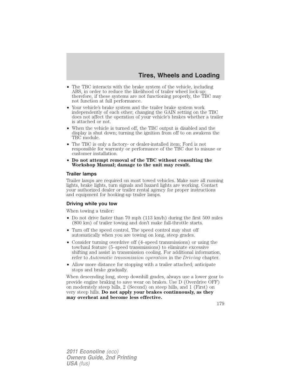 Trailer lamps, Driving while you tow, Tires, wheels and loading | FORD 2011 E-450 v.2 User Manual | Page 179 / 334