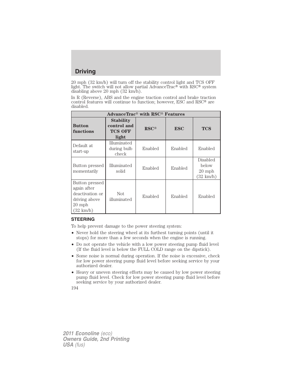 Steering, Driving | FORD 2011 E-450 v.2 User Manual | Page 194 / 334