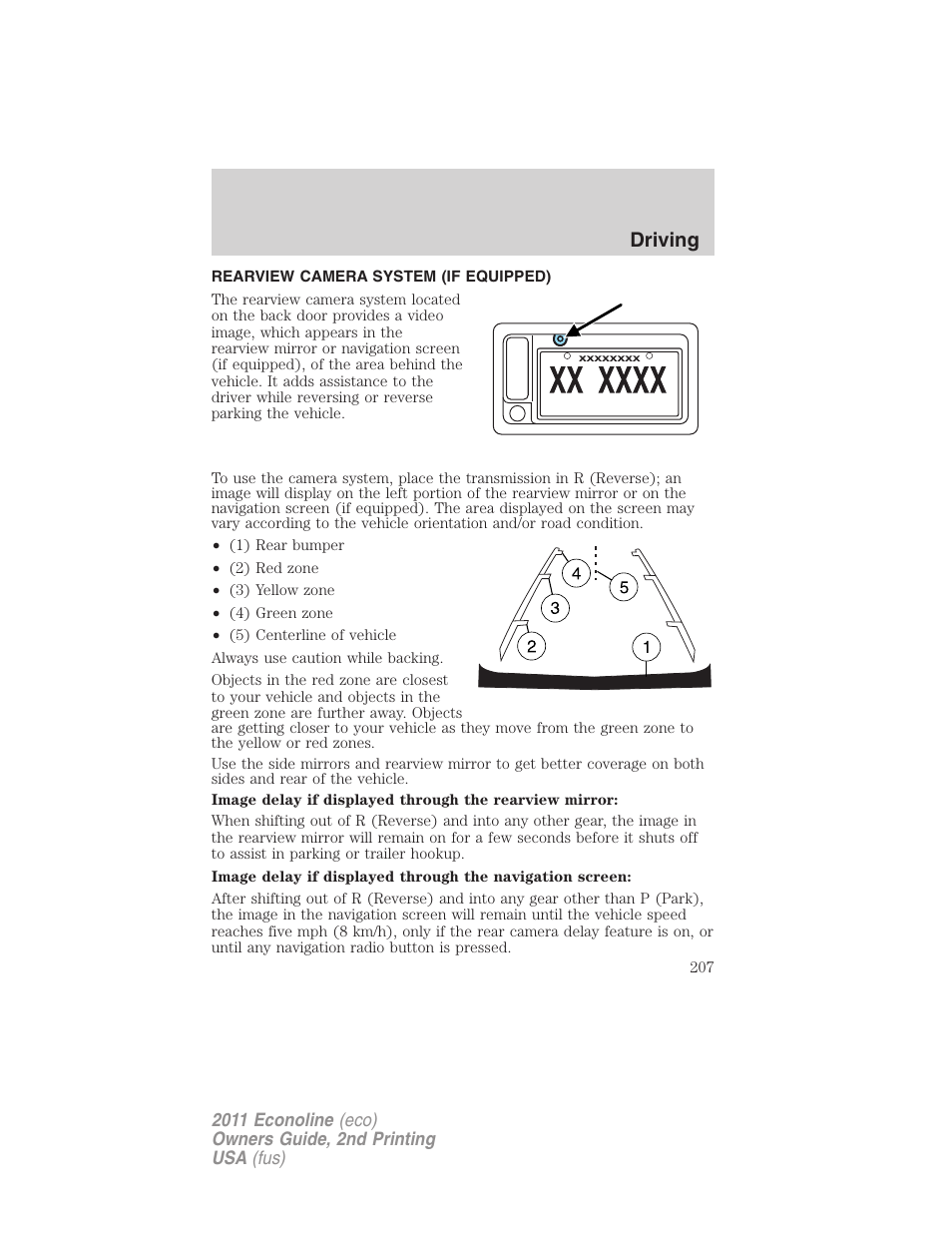 Rearview camera system (if equipped), Rear-view camera system, Driving | FORD 2011 E-450 v.2 User Manual | Page 207 / 334