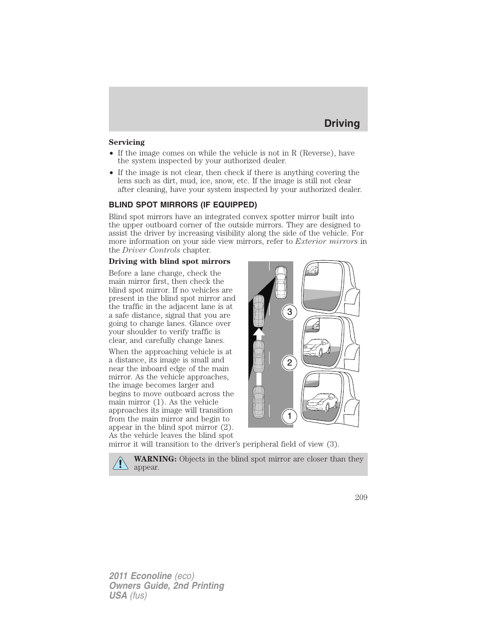 Blind spot mirrors (if equipped), Driving | FORD 2011 E-450 v.2 User Manual | Page 209 / 334