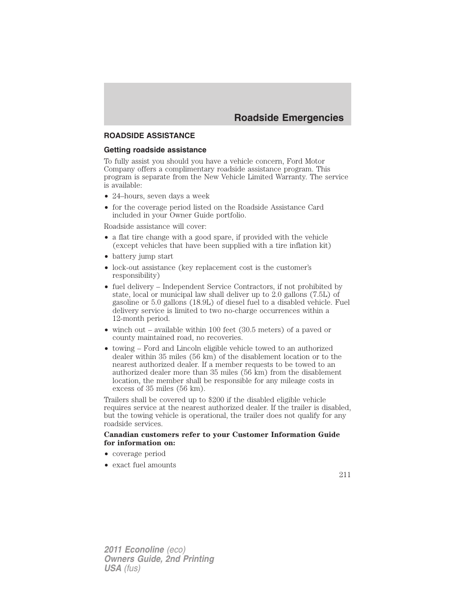 Roadside emergencies, Roadside assistance, Getting roadside assistance | FORD 2011 E-450 v.2 User Manual | Page 211 / 334