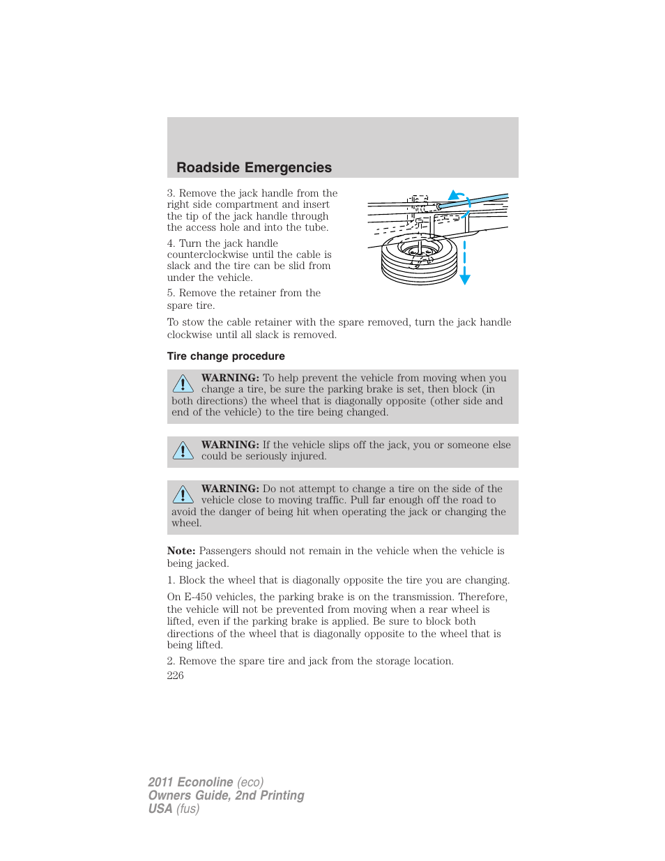 Tire change procedure, Roadside emergencies | FORD 2011 E-450 v.2 User Manual | Page 226 / 334