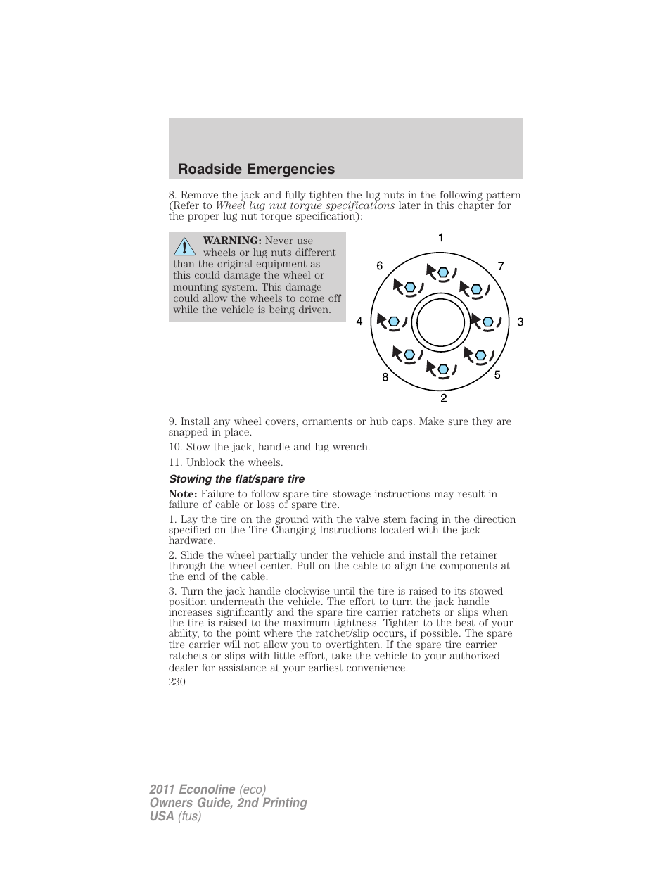 Stowing the flat/spare tire, Roadside emergencies | FORD 2011 E-450 v.2 User Manual | Page 230 / 334