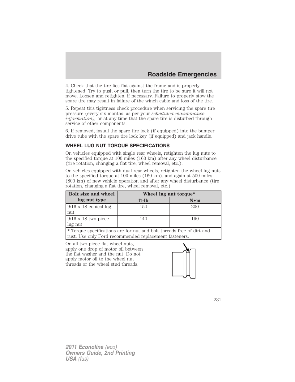 Wheel lug nut torque specifications, Wheel lug nut torque, Roadside emergencies | FORD 2011 E-450 v.2 User Manual | Page 231 / 334