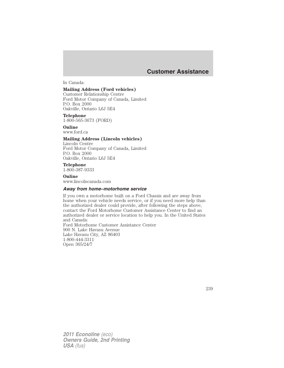 Away from home–motorhome service, Customer assistance | FORD 2011 E-450 v.2 User Manual | Page 239 / 334