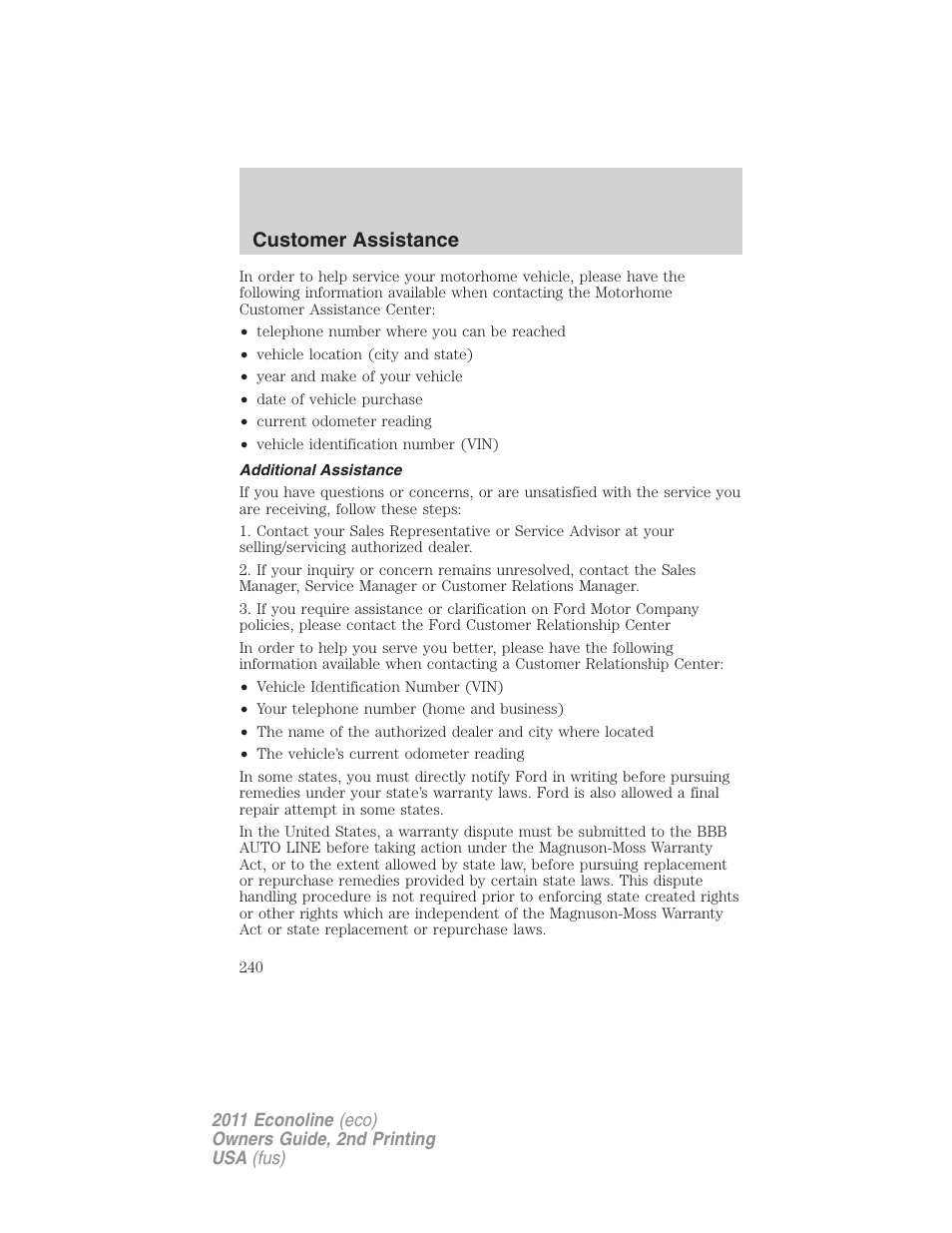 Additional assistance, Customer assistance | FORD 2011 E-450 v.2 User Manual | Page 240 / 334