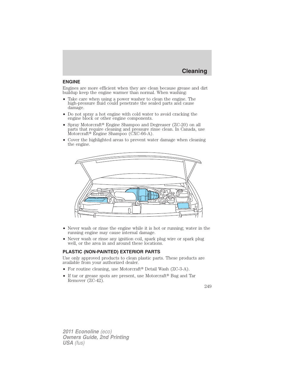 Engine, Plastic (non-painted) exterior parts, Cleaning | FORD 2011 E-450 v.2 User Manual | Page 249 / 334