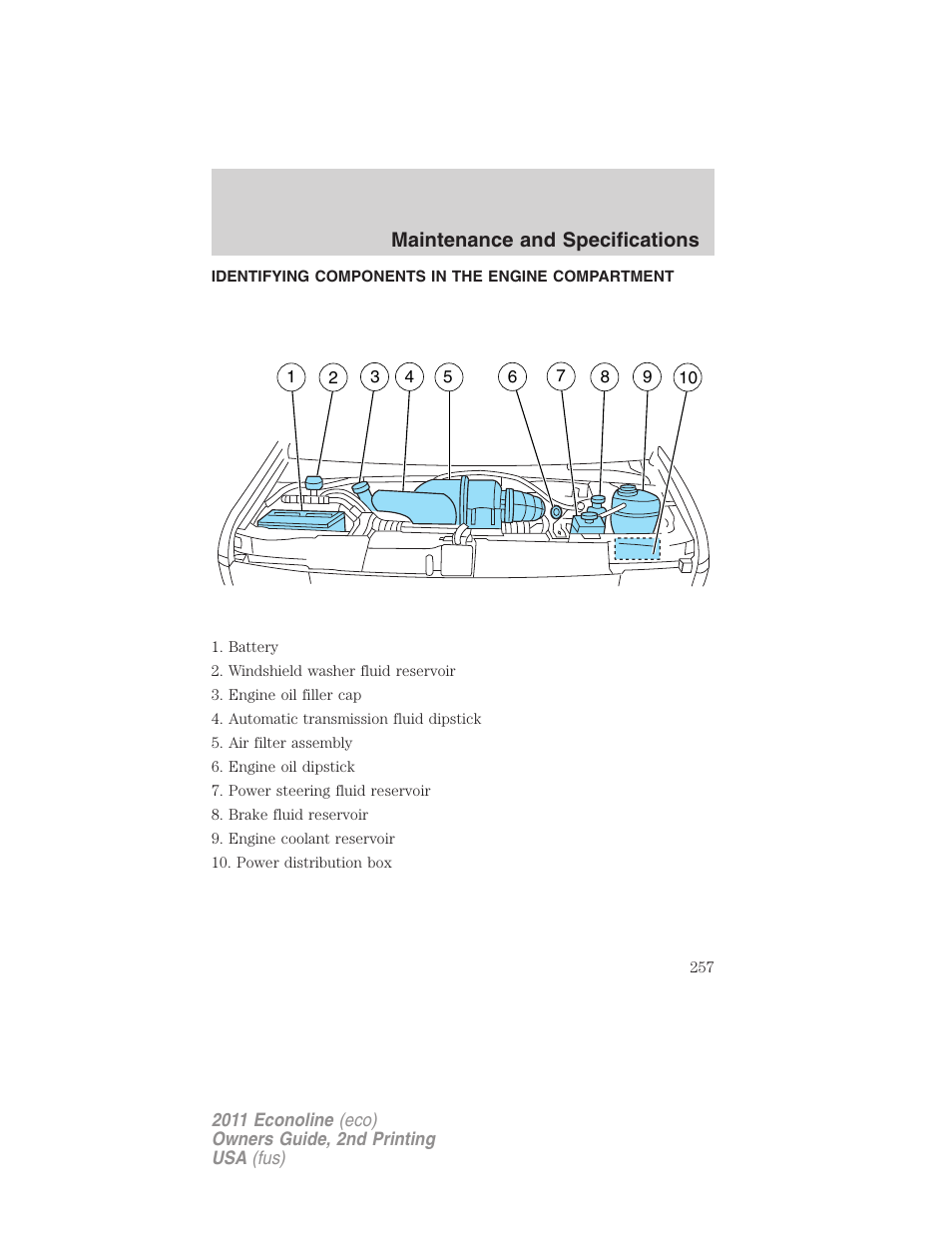 Identifying components in the engine compartment, Engine compartment, Maintenance and specifications | FORD 2011 E-450 v.2 User Manual | Page 257 / 334