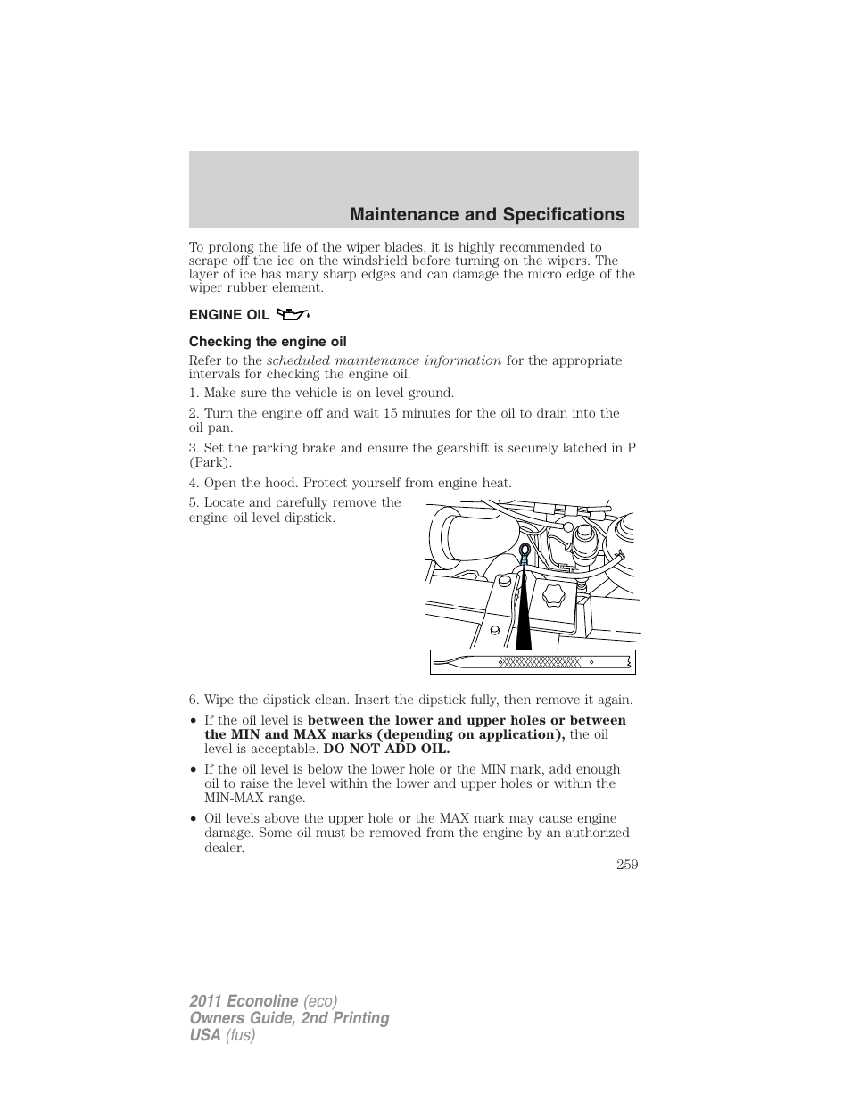 Engine oil, Checking the engine oil, Maintenance and specifications | FORD 2011 E-450 v.2 User Manual | Page 259 / 334