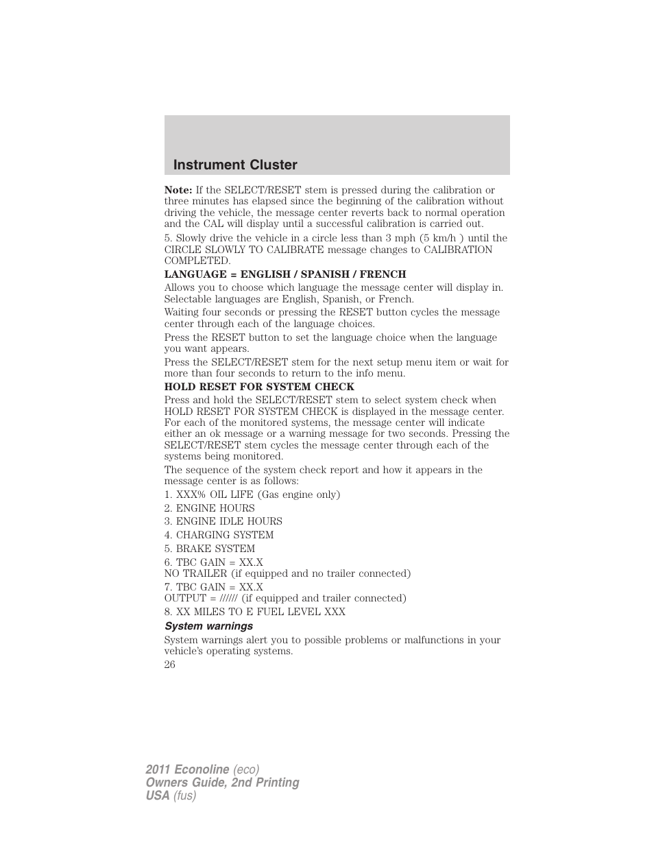 System warnings, Instrument cluster | FORD 2011 E-450 v.2 User Manual | Page 26 / 334