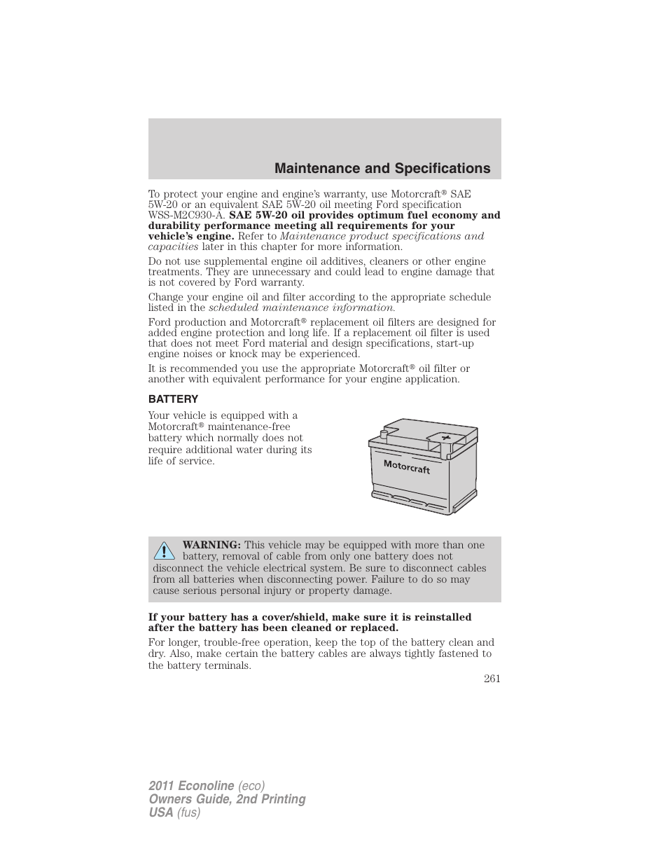 Battery, Maintenance and specifications | FORD 2011 E-450 v.2 User Manual | Page 261 / 334